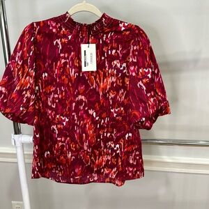 THML top high neck bubble sleeves blouse pink red orange